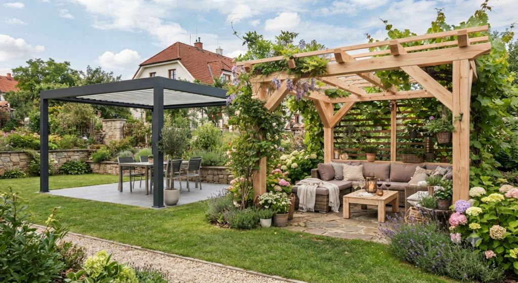drevena nebo hlinikova pergola