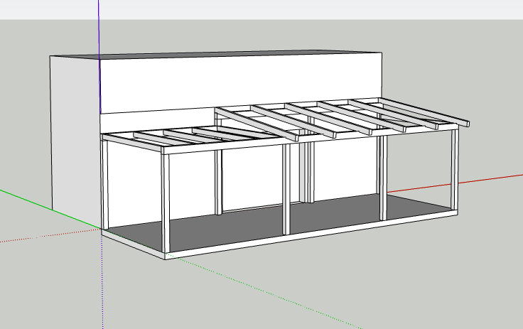 SketchUp návrh dřevěné částečně zastřešené pergoly navázané na dům